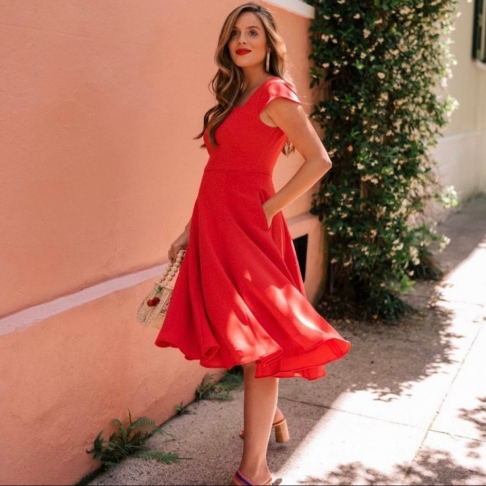 Gal Meets Glam Collection Regina Square Neck Fit & Flare Dress in Venetian Red